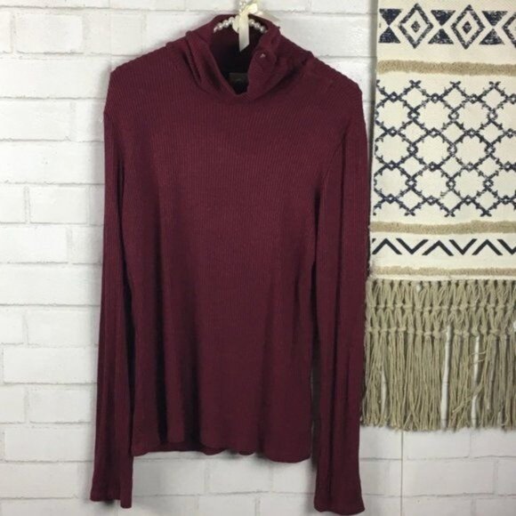 Anthropologie Burgundy Ribbed Button-Detail Cowl Neck Long Sleeve Top - Picture 2 of 5